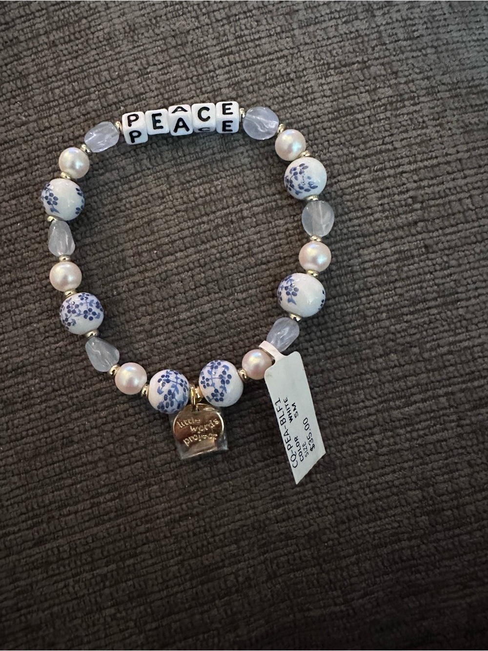 Blue Floral 'PEACE' Beaded Bracelet with Gold Charm